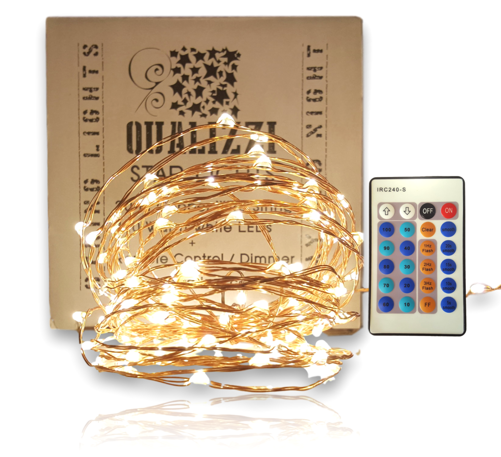 QUALIZZI Starry Lights with Remote Control/Dimmable (20Ft/120 LEDs). Very Pretty Bright Fairy Light Effects on LED Copper Wire String Lightings. Enjoy Magic Decorative Garlands All Year Around.