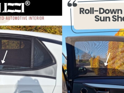 Qualizzi car sunshade installed on a rear window with the window rolled halfway down — mesh shade stays in place while allowing airflow