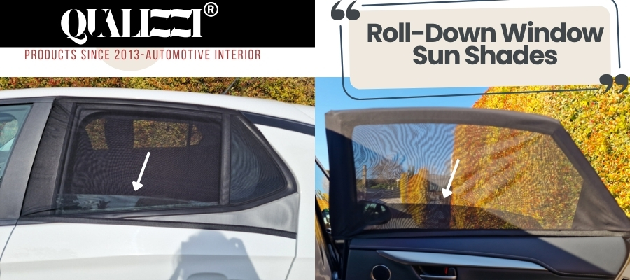 Qualizzi car sunshade installed on a rear window with the window rolled halfway down — mesh shade stays in place while allowing airflow