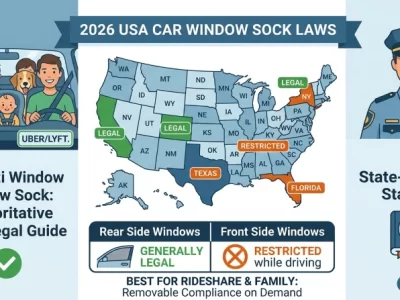 Chart-Badge graphic for the 2026 US state laws guide for car window mesh socks, showing a family and rideshare vehicle with clear legal markers for rear and front window use.