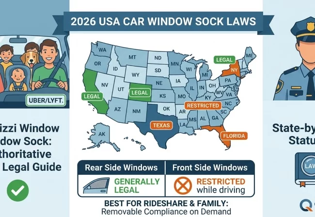 Chart-Badge graphic for the 2026 US state laws guide for car window mesh socks, showing a family and rideshare vehicle with clear legal markers for rear and front window use.