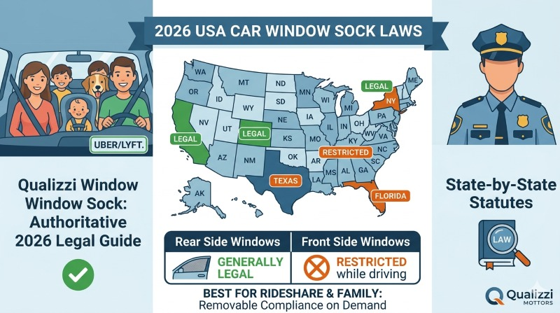 Chart-Badge graphic for the 2026 US state laws guide for car window mesh socks, showing a family and rideshare vehicle with clear legal markers for rear and front window use.
