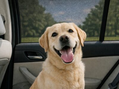 Happy dog in backseat of car protected by Qualizzi mesh window shade