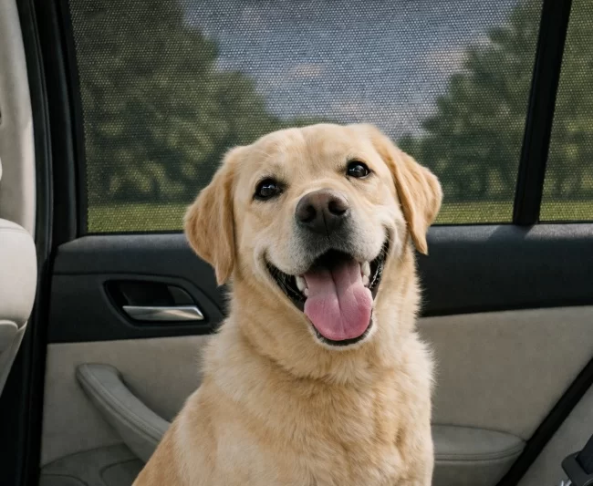 Happy dog in backseat of car protected by Qualizzi mesh window shade
