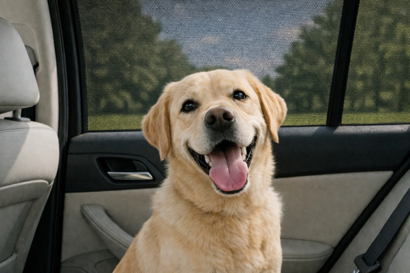 Happy dog in backseat of car protected by Qualizzi mesh window shade